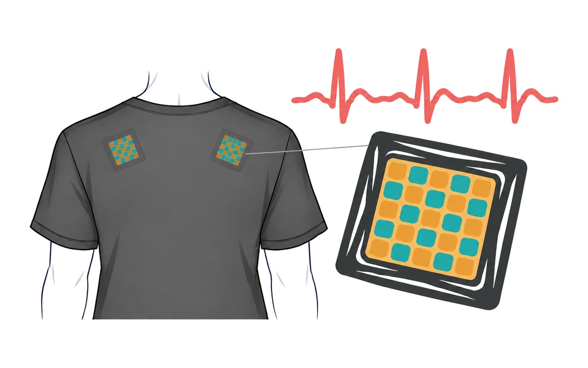 Illustration of a loose T-shirt with ECG sensors on the upper back