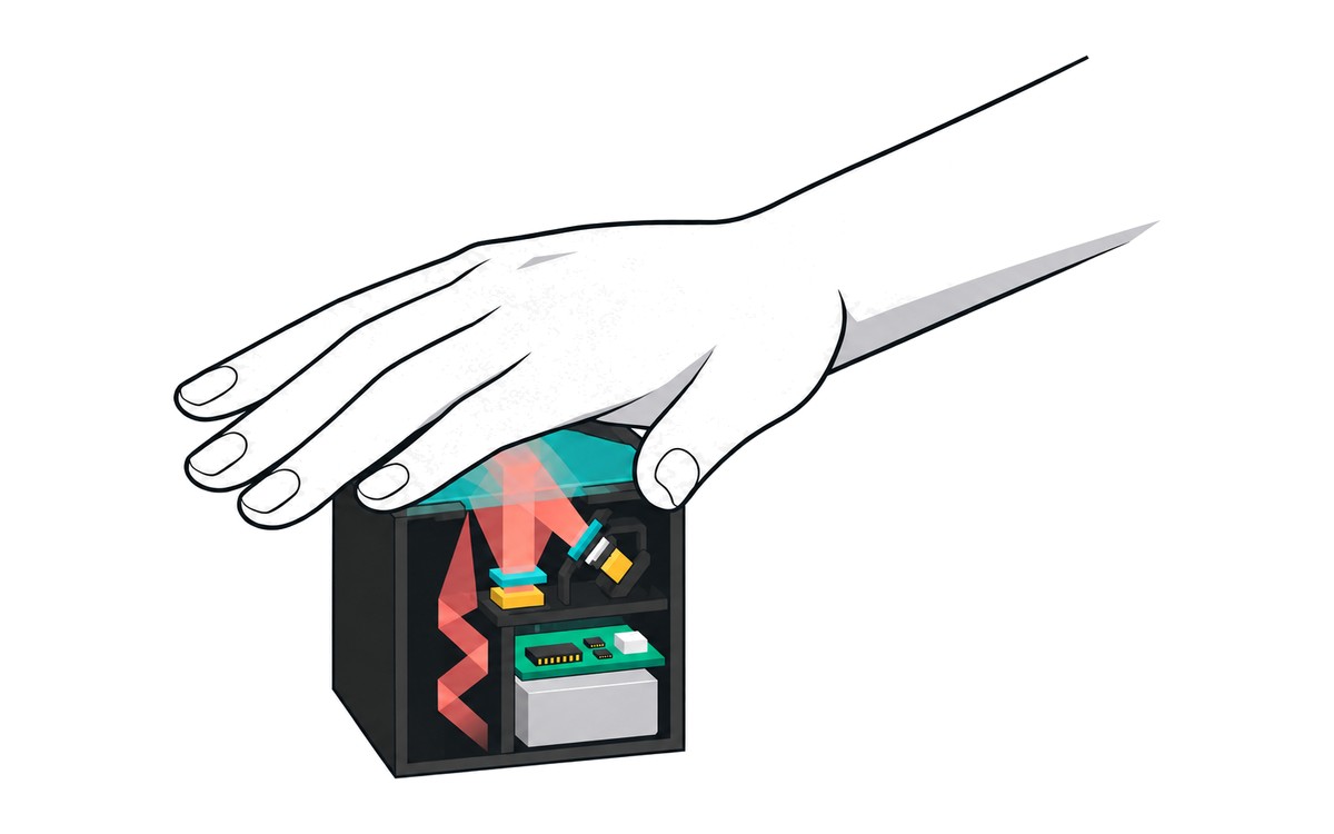 Illustration of a hand resting on a portable optical glucose sensor, shown in cutaway