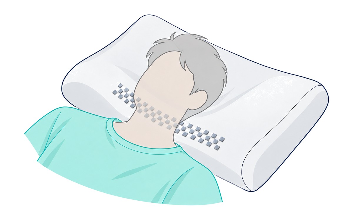 Illustration of a person sleeping on a pillow with fabric sensors under the neck